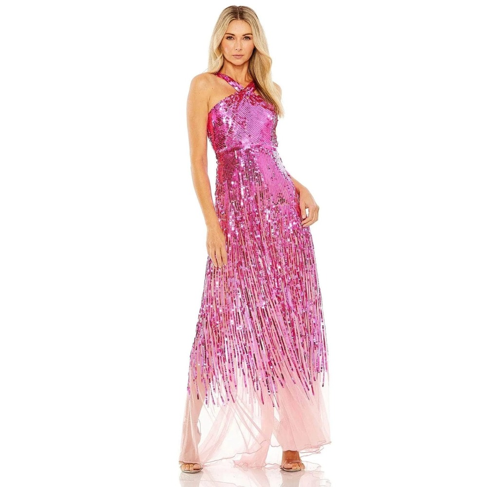 NWT Mac Duggal 93961 Sequin Halter Gown Open Back Hot Pink Dress Women's Size 8